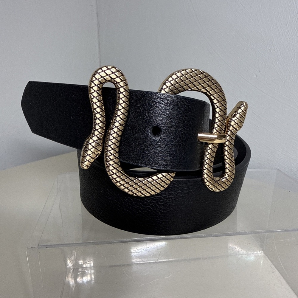 EXPRESS Gold Tone Snake Belt Buckle Womens Size M Black Faux Leather Belt